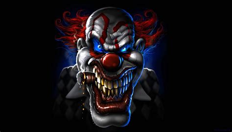 A Creepy Clown With Red Hair And Fangs On Its Face In The Dark