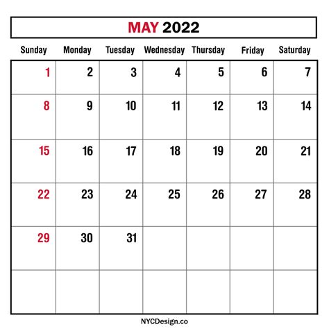 May 2022 Monthly Calendar Planner Printable Free Sunday Start