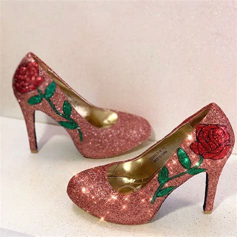 Womens Sparkly Rose Gold Glitter Heels Pumps Bridal Wedding Shoes