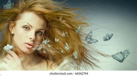 Portrait Beautiful Young Woman Butterfly Stock Photo 44342794