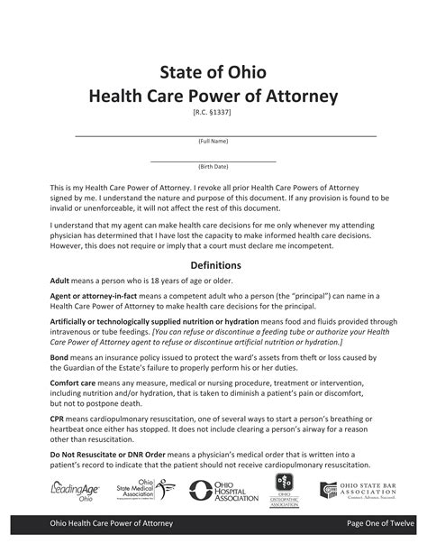 Ohio Health Care Power Of Attorney Fillable Pdf Free Printable