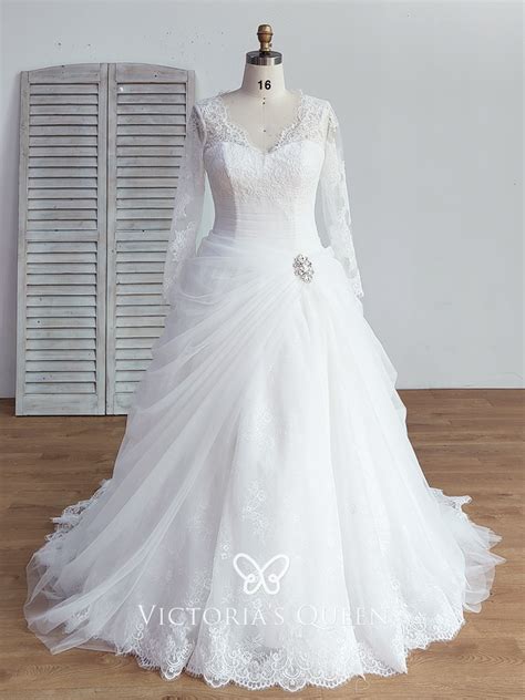 vq long sleeve beaded pick up lace ball gown wedding dress