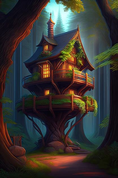 Premium Ai Image Tree House In An Enchanted Forest Fantasy Stronghold