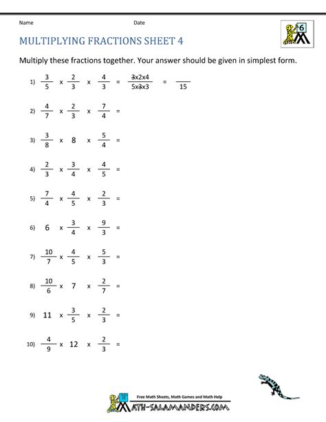 Multiplying Fractions Worksheets Grade 6