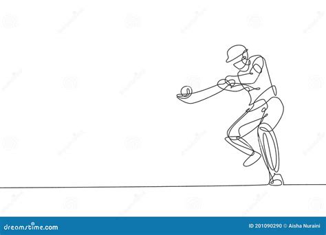 One Continuous Line Drawing Of Young Happy Man Cricket Player Focus To