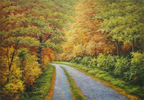 Peaceful Path In Golden Autumn Forest Oil Painting