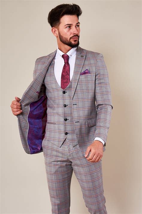 Alvin Grey Pink Check Wedding Suit Mens Fashion Suits Three Piece