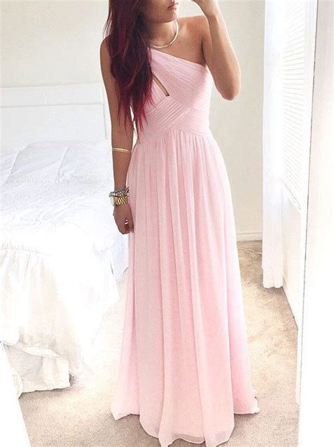 Elegant One Shoulder Long Pink Chiffon Bridesmaid Dress In 2022