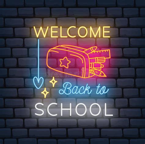 Back To School Neon Sign On Dark Brick Background Vector Illustration