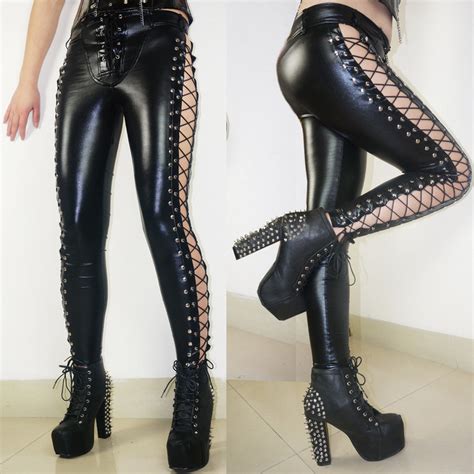 Size S M L Xl Sexy Punk Faux Leather Hollow Out Lace Up Leggings Erotic