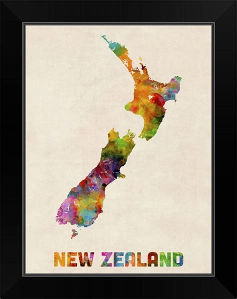 New Zealand Watercolor Map Black Framed Wall Art Print Map Home Decor