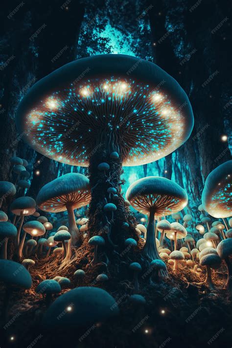 Premium Ai Image Psychedelic Bioluminescent Mushrooms In The Dark Forest