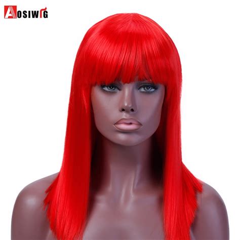 aosiwig 40cm long straight cospaly wig bangs red wigs pink blonde brown white wig heat resistant