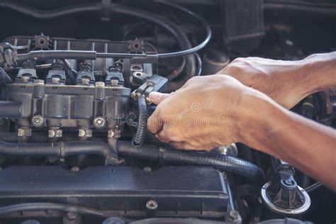 Close Up Car Mechanic Man Hands Repairing Car Auto Repair Shop Man