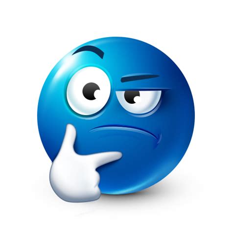 A Blue Emoticive Smiley Face With One Hand On His Chin And The Other Pointing At It