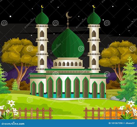 Islamic Mosque With Trees In The Night Cartoon Stock Vector