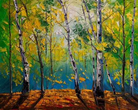 Autumn Birch Forest Oil Painting Textured Palette Knife Original Art