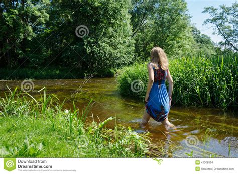 Blond Girl Blue Mottled Dress Wade Flowing River Stock Photo Image Of