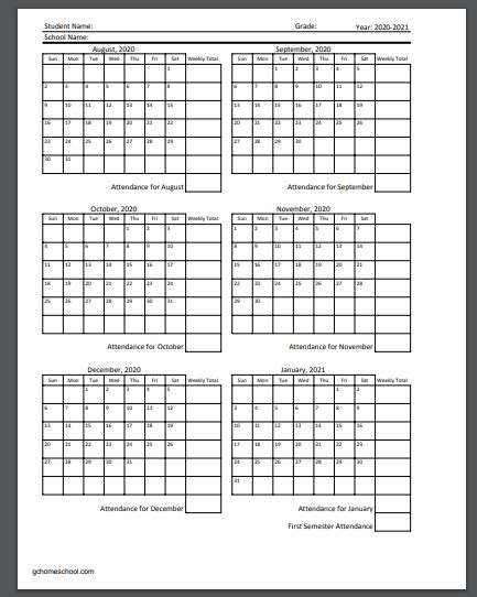 Free Homeschool Attendance Calendars 2020 2021 Homeschool Attendance