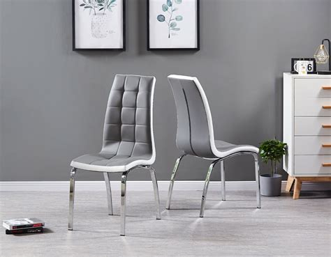 Set Of 2 Grey Faux Leather Chrome Sturdy Legs Dining Chair Home Modern