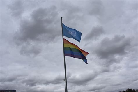 lgbtqi flag and united nations flag raised in solidarity of pride month and creating ‘safe