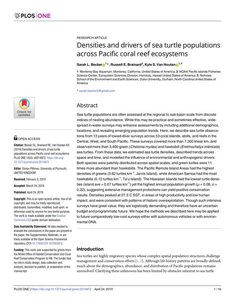 Becker sl, brainard re, van houtan ks (2019) densities and drivers of sea turtle populations across pacific coral reef ecosystems. (PDF) Densities and drivers of sea turtle populations across Pacific coral reef ecosystems