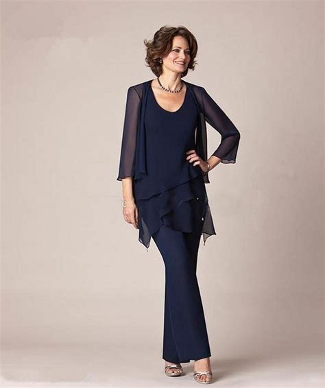 Navy Blue Formal Cap Sleeve Mother Of The Bride Pant Suits Chiffon