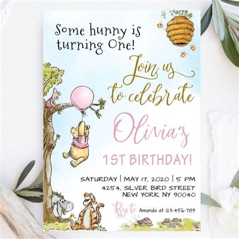 Editable First Birthday Classic Pooh Bear Balloon Invitation Etsy