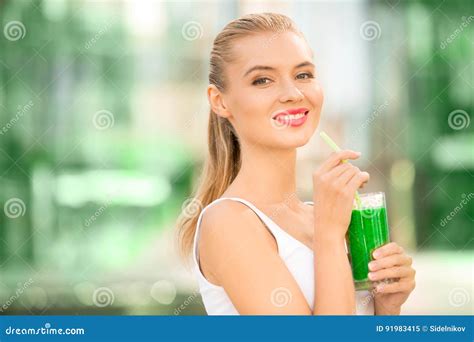Young Woman Drink Smoothie Healthy Detox Outdoors Stock Image Image Of Drink Body 91983415