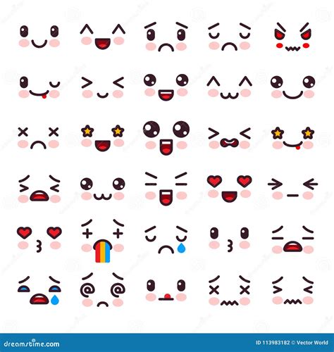 Kawaii Vector Cartoon Emoticon Character With Different Emotions And