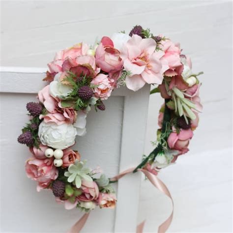Pink White Flower Crown Peony Rose Floral Crown Boho Wedding Etsy