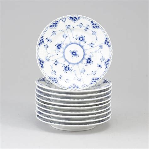 Royal Copenhagen Ten Small Porcelain Plates Musselmalet Full Lace