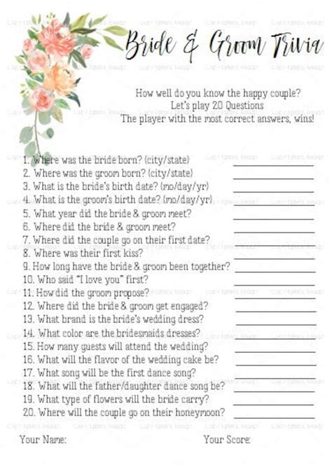 Bridal Shower Game Bride And Groom Trivia 20 Questions Blush Etsy