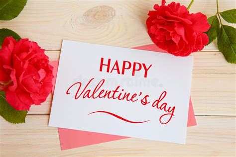 Inscription Happy Valentine S Day And Red Roses Stock Photo Image Of