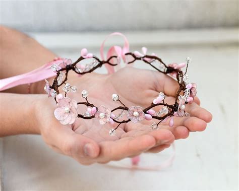 Pink Flower Crown Sakura Hair Jewelry Crown Cherry Blossom Etsy