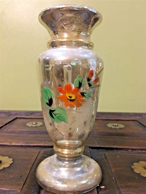 Vintage Antique Mercury Glass Footed Vase Orange Green Hand Painted