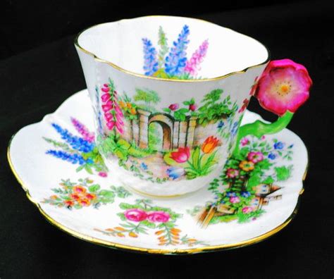 Aynsley Flower Handle Tea Cup And Saucer Art Deco Garden Gate Rose Tulip White Tea Cups Tea