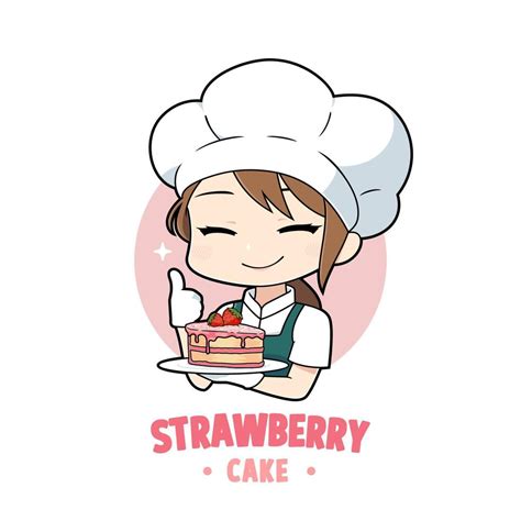 Cute Bakery Chef Girl Cartoon Holding A Strawberry Cake Mascot Logo