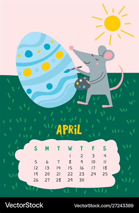 April Calendar Page With Cute Rat Decorate Easter Vector Image