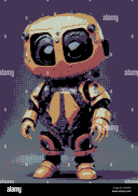 Robot Character In Pixel Art Style Color Illustration For Design Stock