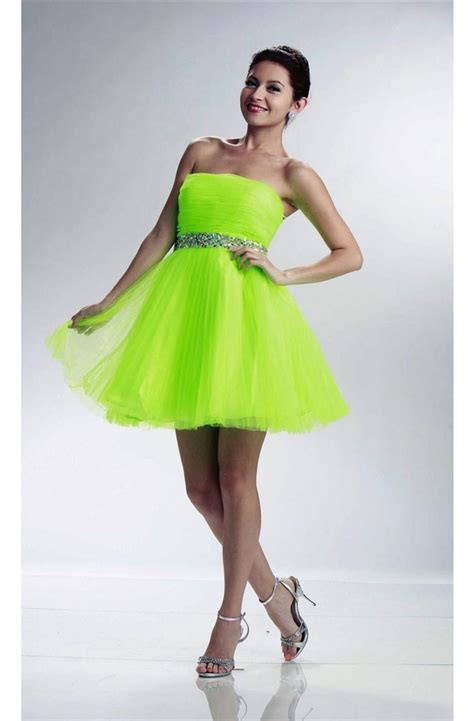 Ball Strapless Short Lime Green Tulle Beaded Prom Dress With Sash