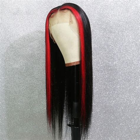 Peruvian Hair Lace Front Black Color Red Streak Highlight Wigs Black