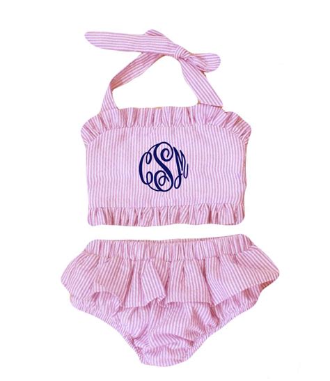 Monogrammed Pink Girls Seersucker Two Piece Swim Bathing Suit