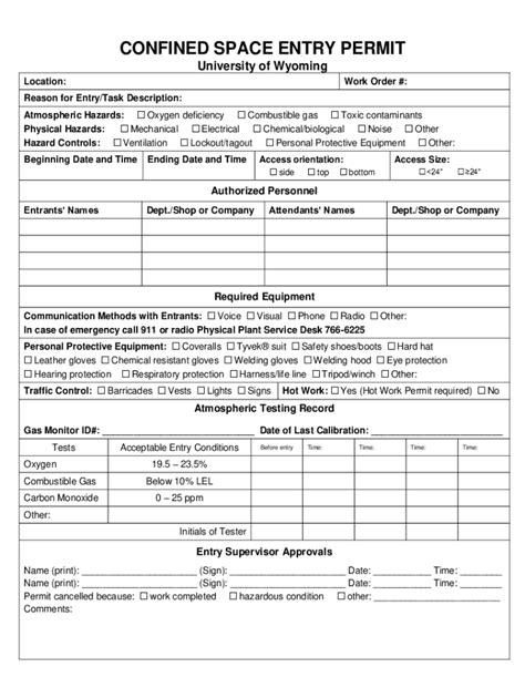 Free Confined Space Entry Permit Template