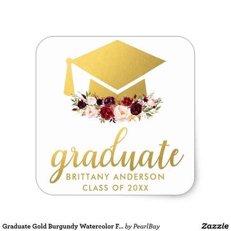 Graduate Gold Burgundy Watercolor Floral Square Sticker Zazzle