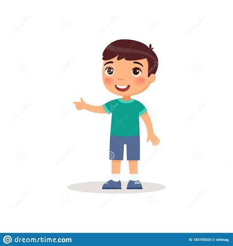Little Boy Pointing With Index Finger Flat Vector Illustration Smiling