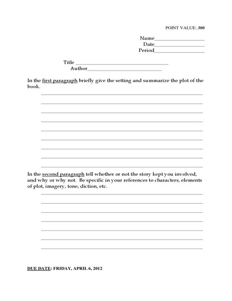 8th Grade Reading Book Report Template Free Download