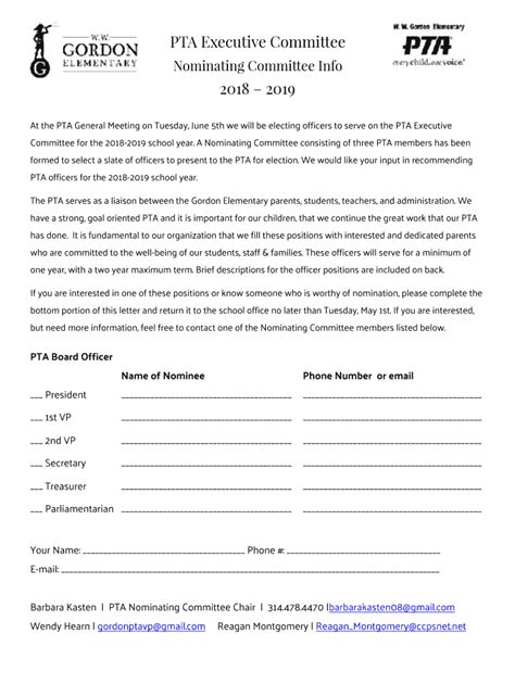 fillable online nominations pta executive committee nomination form general fax email print