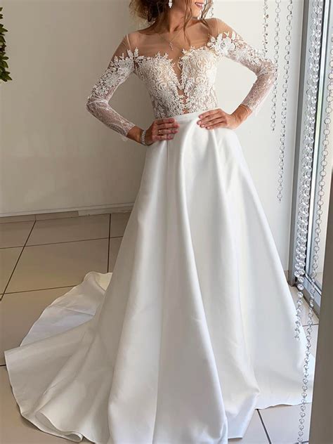 Elegant A Line Scoop Neck Long Sleeve White Satin Lace Wedding Dresses Simple Bride Dresses