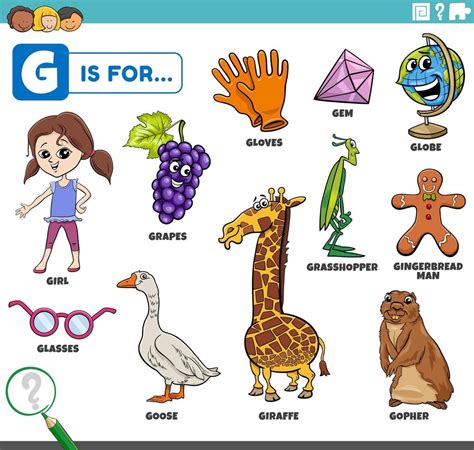 Letter G Words Educational Set With Cartoon Characters Vector Art At Vecteezy